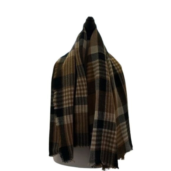 ModCloth Blanket Scarf Wrap Womens Raw Hem Fringe Black Tan Plaid - Picture 1 of 9